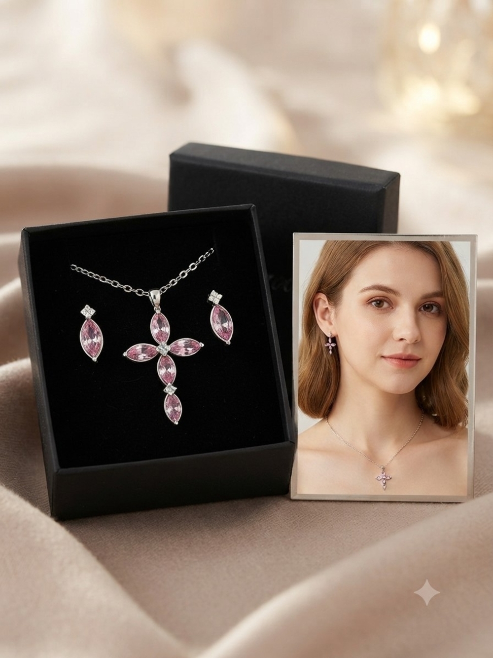 Silver-Tone Pink Marquise Cubic Zirconia Cross Necklace & Earring Set NWOT W/Box